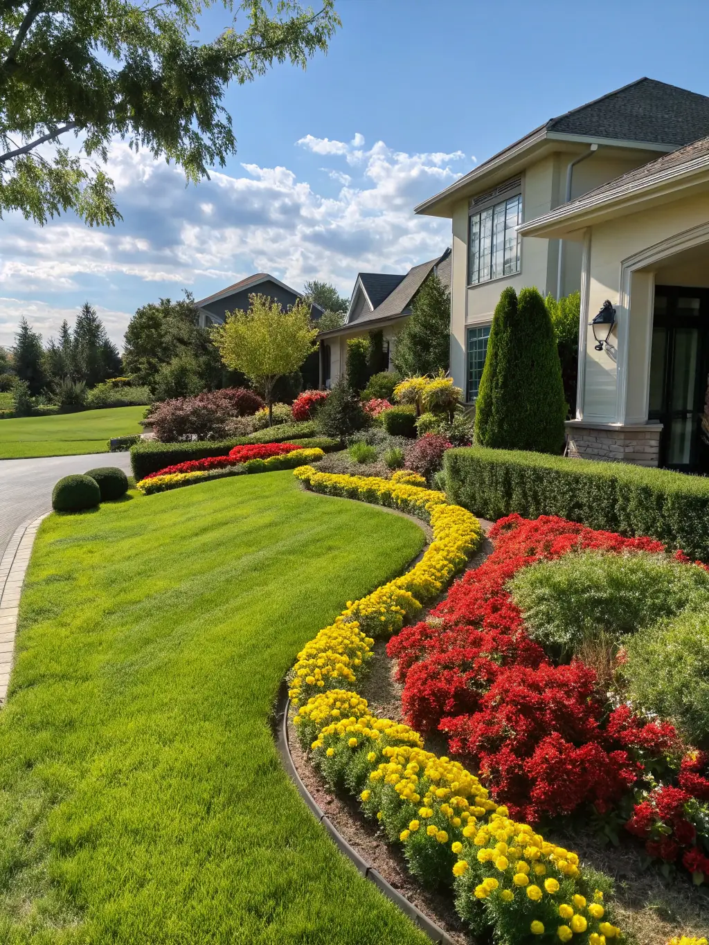 A beautifully designed backyard with a variety of plants, flowers, and decorative elements, representing Borja Lawn Service's landscape design capabilities.