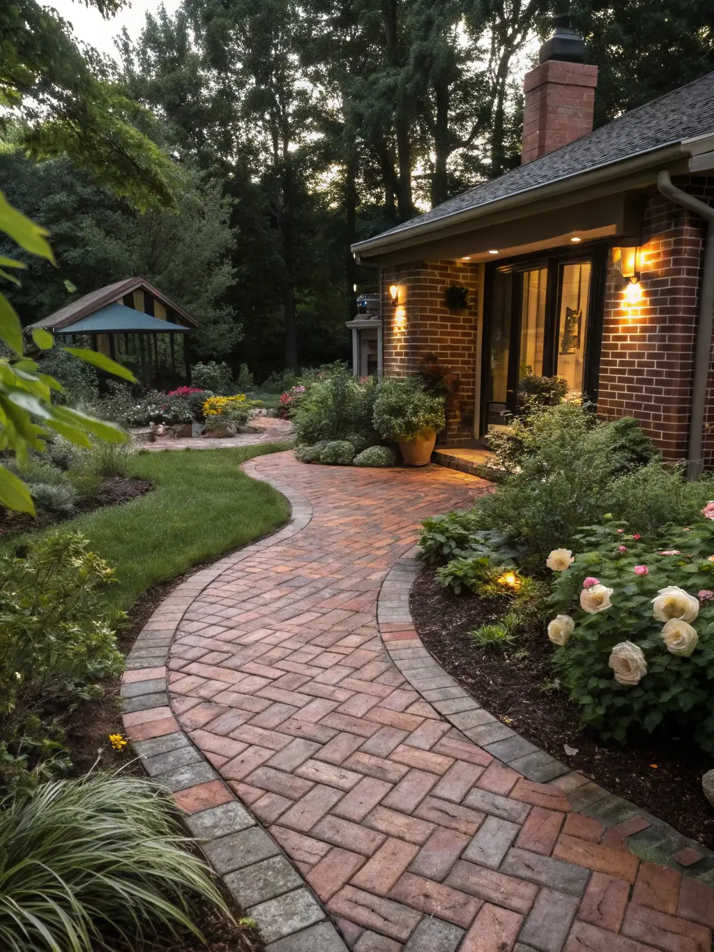 A newly installed stone patio with a retaining wall, integrated into a landscaped yard, demonstrating Borja Lawn Service's hardscaping services.