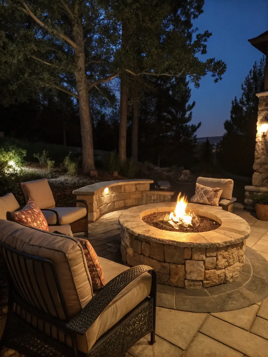 A stone patio with outdoor furniture and a fire pit, illustrating Borja Lawn Service's hardscaping capabilities.