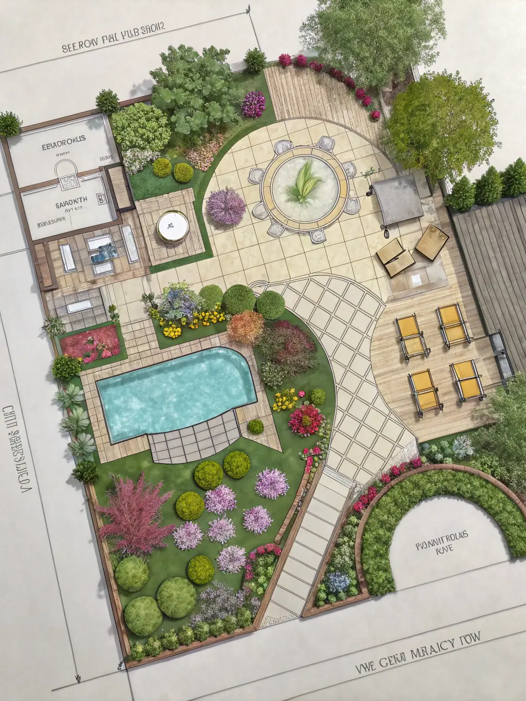A landscape design plan with various plants and features, representing Borja Lawn Service's landscape design services.